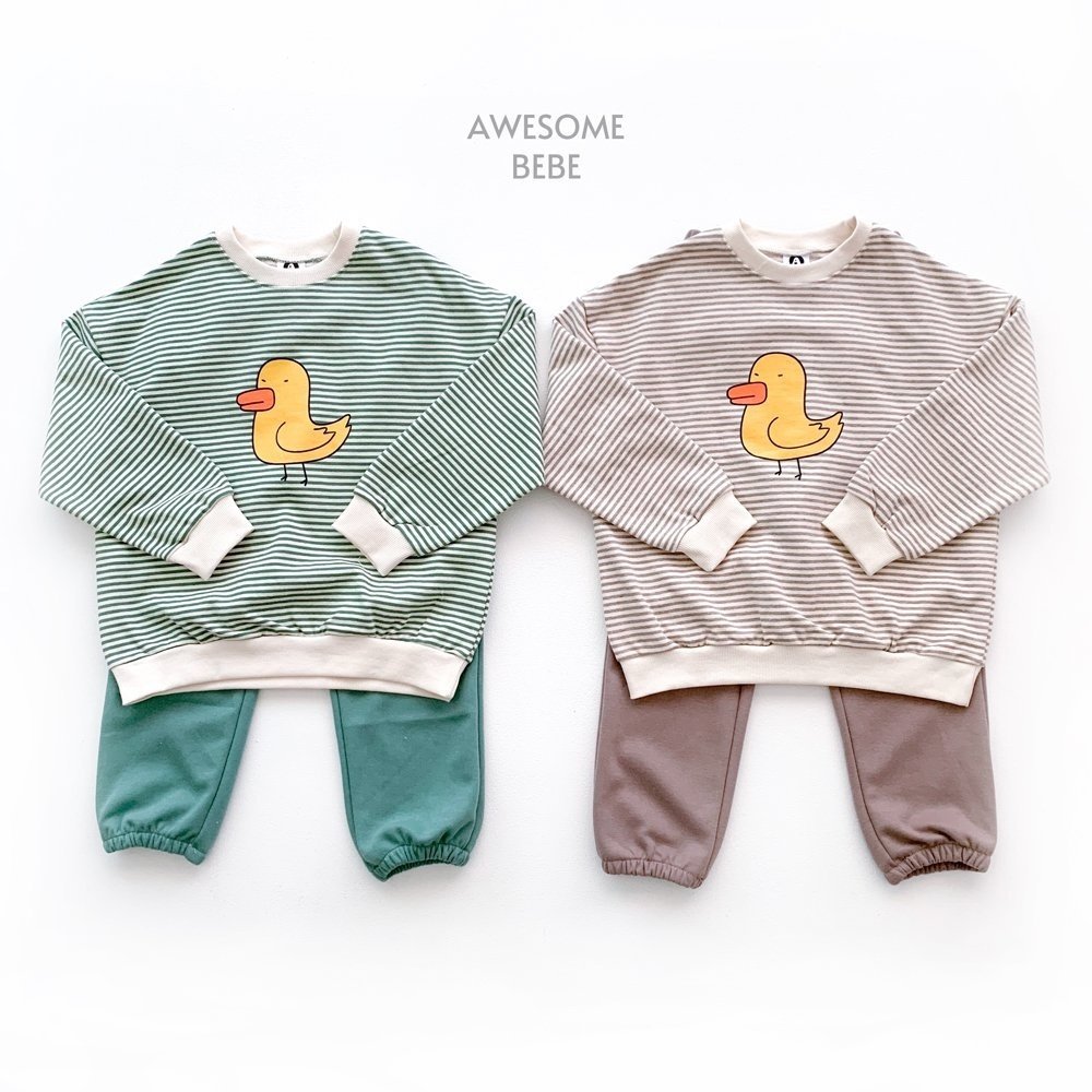 Awesome Bebe - Korean Children Fashion - #stylishchildhood - Duck Stripes Top Bottom Set - 3