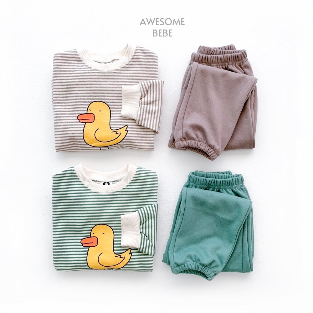Awesome Bebe - Korean Children Fashion - #toddlerclothing - Duck Stripes Top Bottom Set - 2