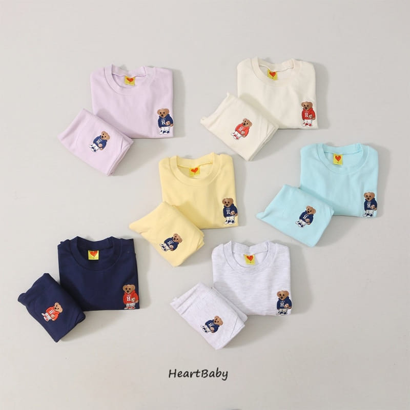 Heart Baby - Korean Children Fashion - #designkidswear - Bear Embroidery Top Bottom Set