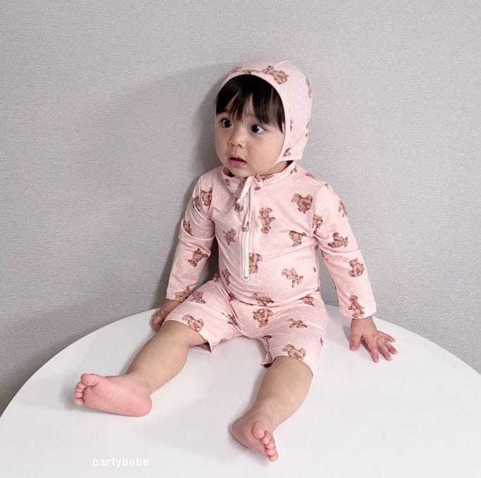 Party Kids - Korean Baby Fashion - #onlinebabyboutique - Bear Rashgiard Hat Set - 4