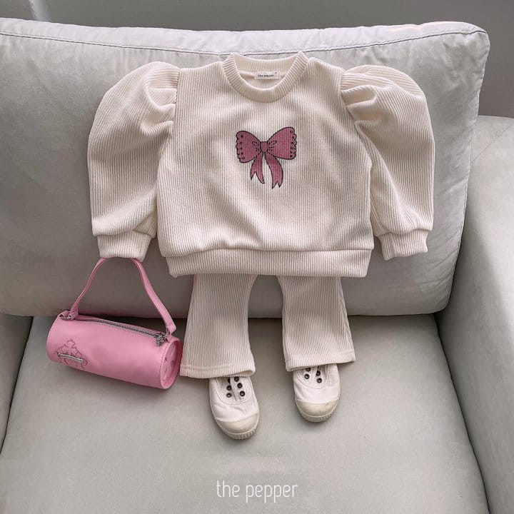 The Pepper - Korean Children Fashion - #kidsstore - Ribbon Puff Knit Top Bottom Set - 4
