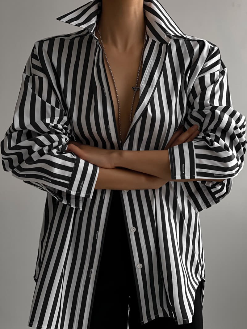 Paper Moon - Korean Women Fashion - #momslook - Stripes Pattern Oversize Down Shirt - 6