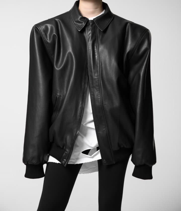 Paper Moon - Korean Women Fashion - #momslook - Washed Began  Leather Shoulder Padded Bomber Jacket - 3