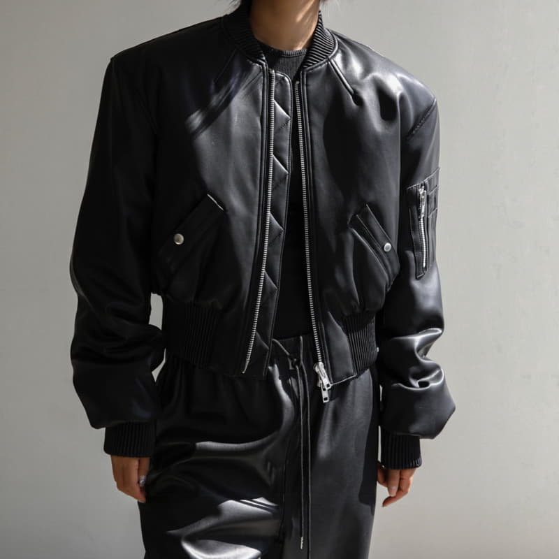 Paper Moon - Korean Women Fashion - #momslook - Vegan Leather Cropped Bomber Jacket  - 2