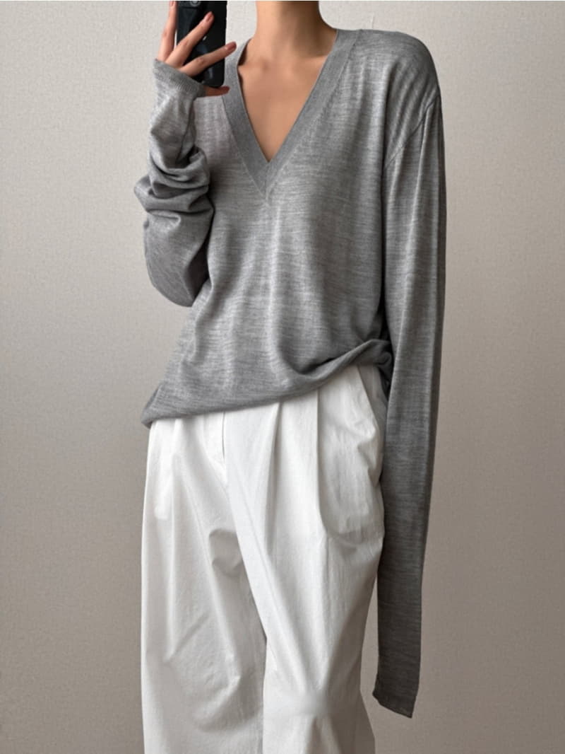 Paper Moon - Korean Women Fashion - #momslook - Wool Silk Deep V Neck Long Sleeved Knit Tee - 5
