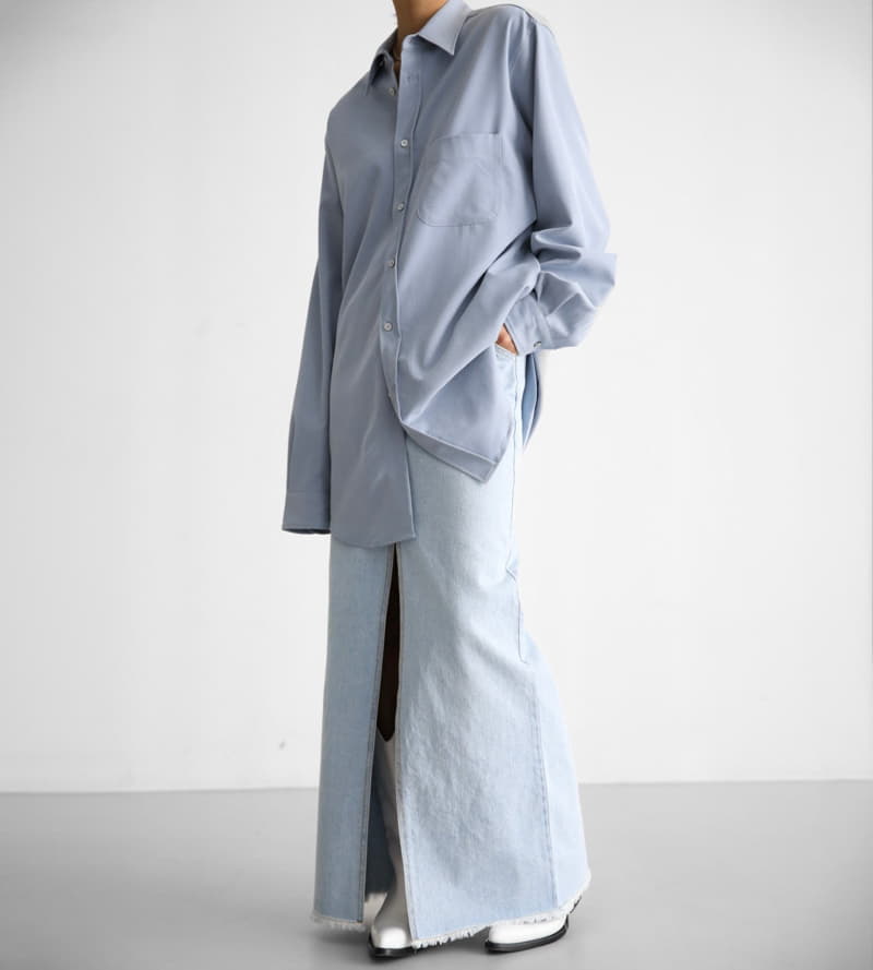 Paper Moon - Korean Women Fashion - #momslook - iced blue maxi front slit flared denim skirt - 7