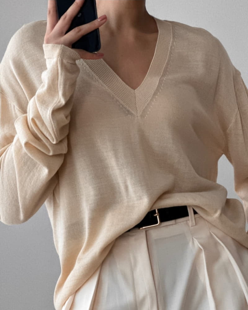 Paper Moon - Korean Women Fashion - #pursuepretty - Wool Silk Deep V Neck Long Sleeved Knit Tee - 11
