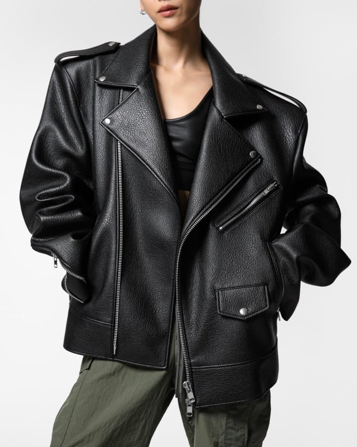 Paper Moon - Korean Women Fashion - #restrostyle - Oversized Chunky Zipped Vegan Leather Biker Jacket