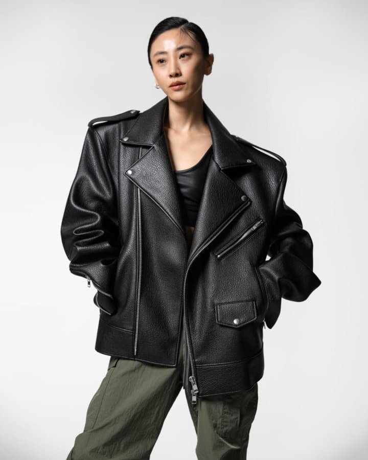 Paper Moon - Korean Women Fashion - #romanticstyle - Oversized Chunky Zipped Vegan Leather Biker Jacket - 2