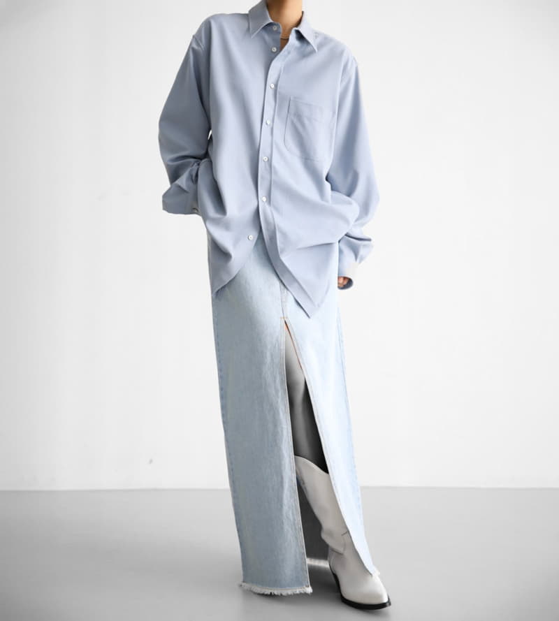 Paper Moon - Korean Women Fashion - #womensfashion - iced blue maxi front slit flared denim skirt - 8
