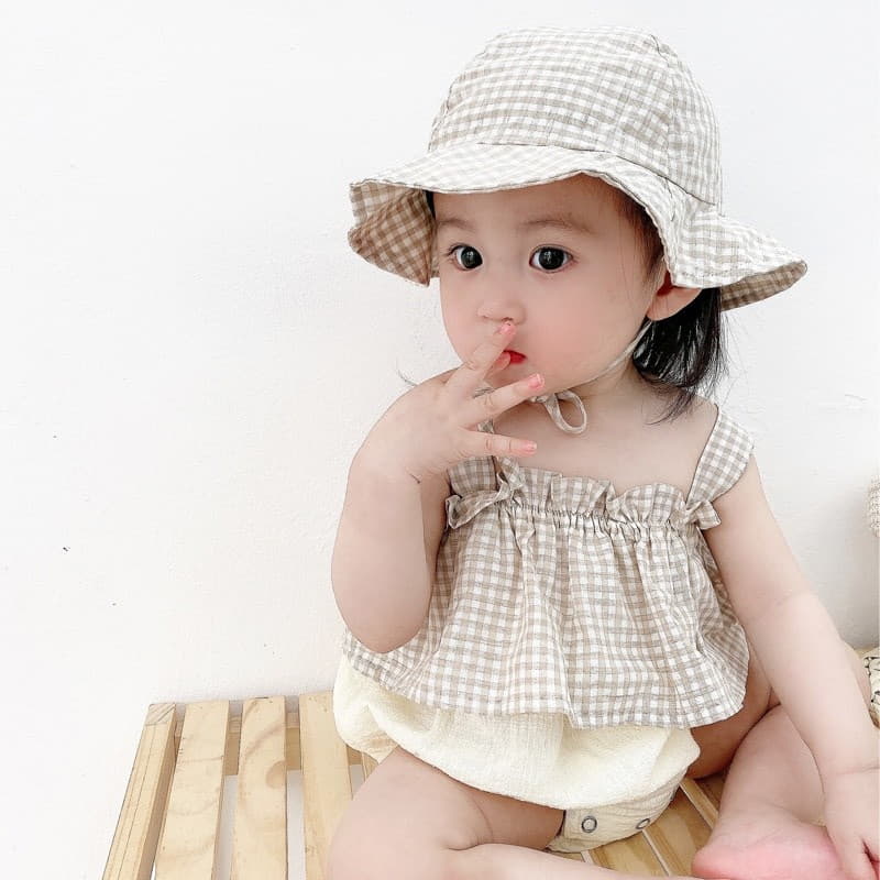 Reve Kid - Korean Baby Fashion - #babyboutique - Check Sleeveless Bodysuit Bucket Hat Set - 5