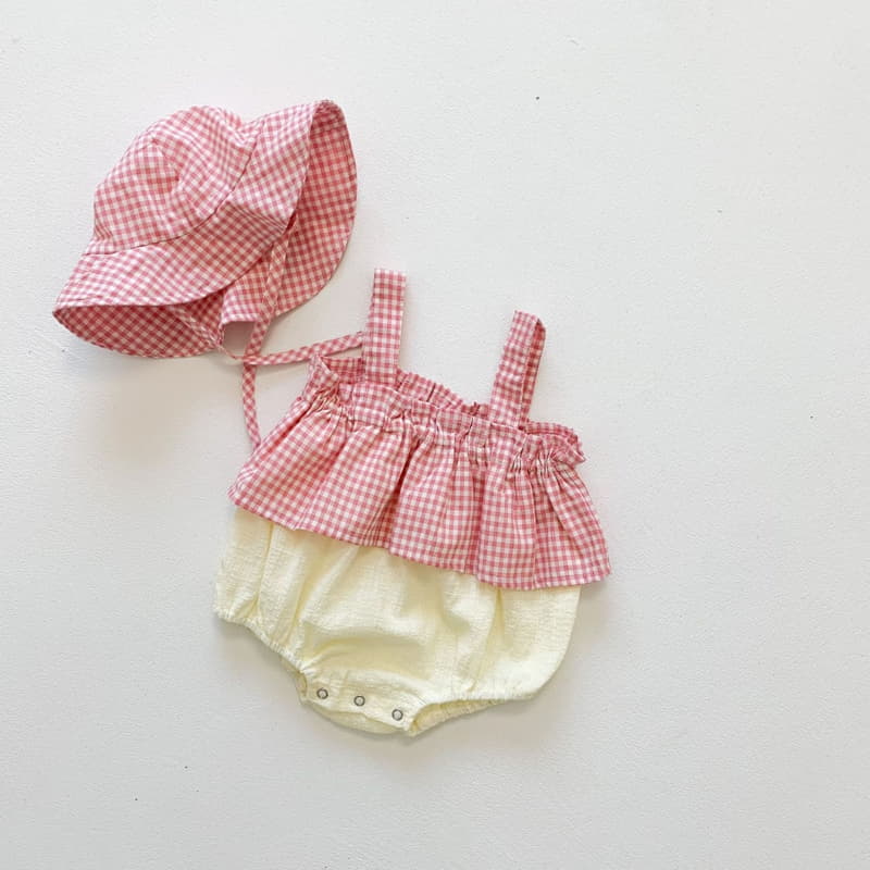Reve Kid - Korean Baby Fashion - #babywear - Check Sleeveless Bodysuit Bucket Hat Set