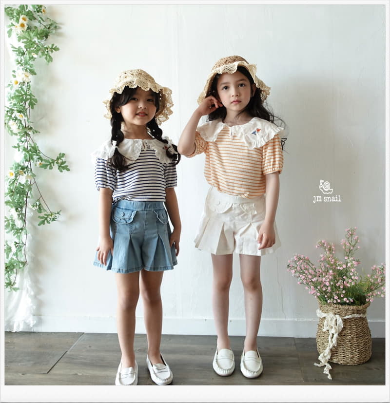 JM Snail - Korean Children Fashion - #kidzfashiontrend - Collar Flower Embrodiery Stripes Tee - 4