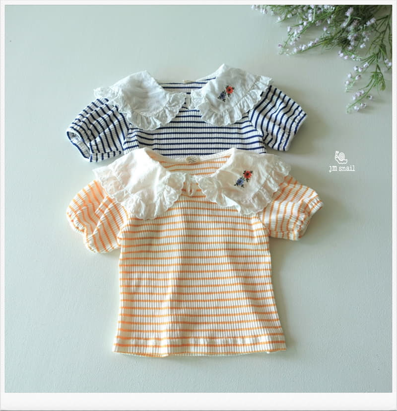 JM Snail - Korean Children Fashion - #childrensboutique - Collar Flower Embrodiery Stripes Tee - 11
