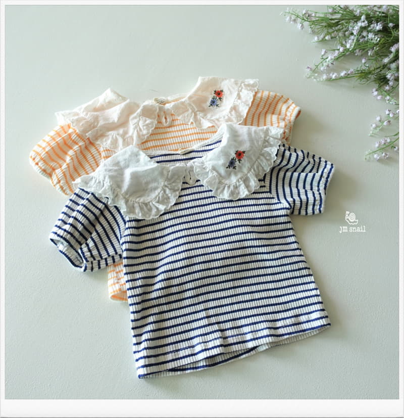 JM Snail - Korean Children Fashion - #designkidswear - Collar Flower Embrodiery Stripes Tee - 12