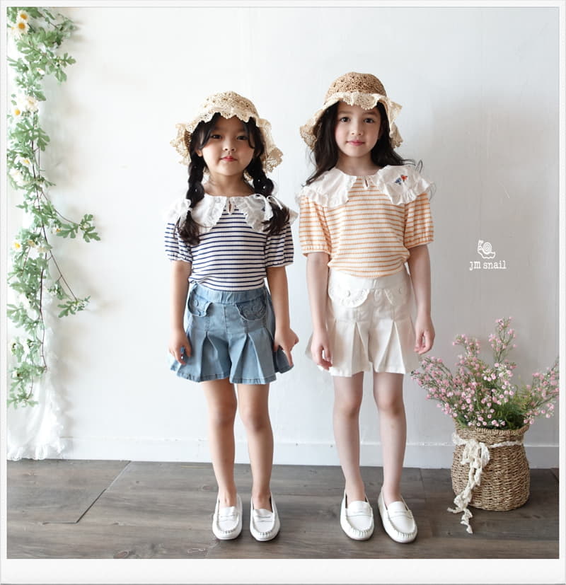 JM Snail - Korean Children Fashion - #kidsstore - Collar Flower Embrodiery Stripes Tee - 2