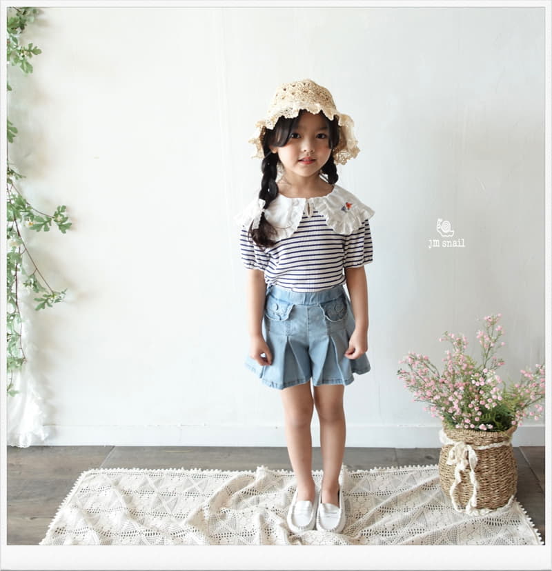 JM Snail - Korean Children Fashion - #littlefashionista - Collar Flower Embrodiery Stripes Tee - 5