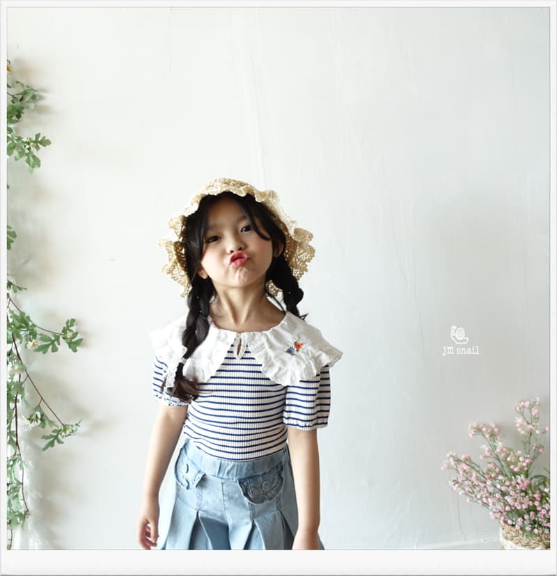 JM Snail - Korean Children Fashion - #minifashionista - Collar Flower Embrodiery Stripes Tee - 7