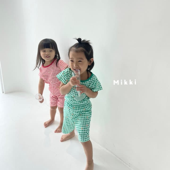 Mikki - Korean Children Fashion - #childrensboutique - Check Flower Top Bottom Set - 5