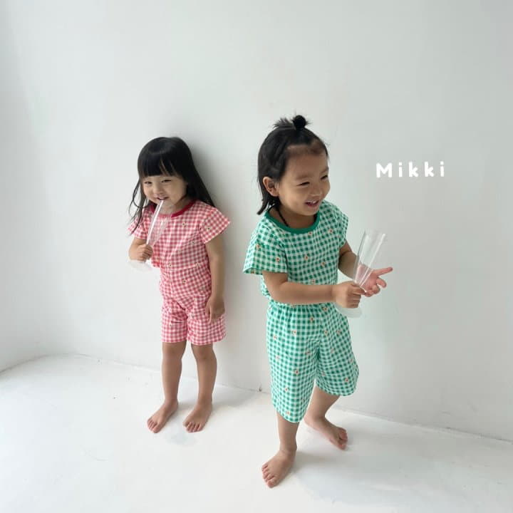 Mikki - Korean Children Fashion - #fashionkids - Check Flower Top Bottom Set - 8