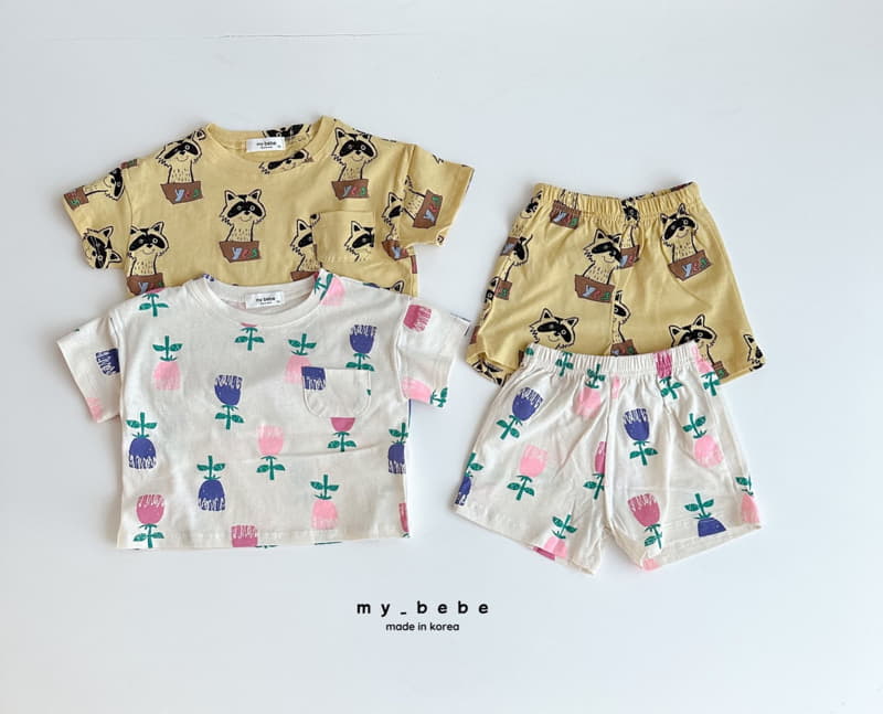 My Bebe - Korean Children Fashion - #minifashionista - Raccoon Flower Top Bottom Set