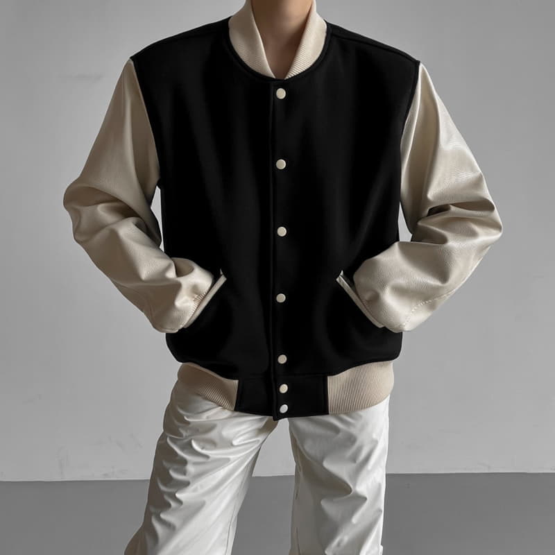 Paper Moon - Korean Women Fashion - #womensfashion - Classic Leather Sleeve Stadium Jacket - 4