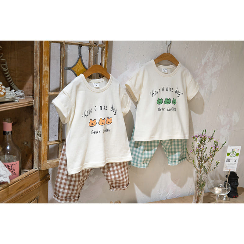 Raykids - Korean Children Fashion - #littlefashionista - Cookie Bear Check Top Bottom Set - 2