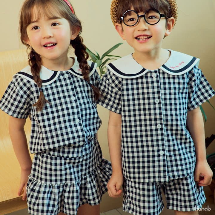 Hanab - Korean Children Fashion - #littlefashionista - Sailor Check Top Bottom Set - 4