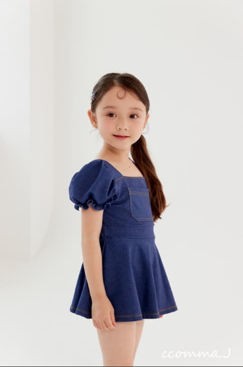 Oda - Korean Children Fashion - #stylishchildhood - Puff Denim One-piece Swimwear - 2