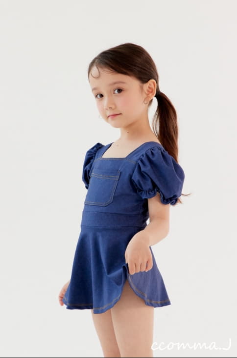 Oda - Korean Children Fashion - #toddlerclothing - Puff Denim One-piece Swimwear