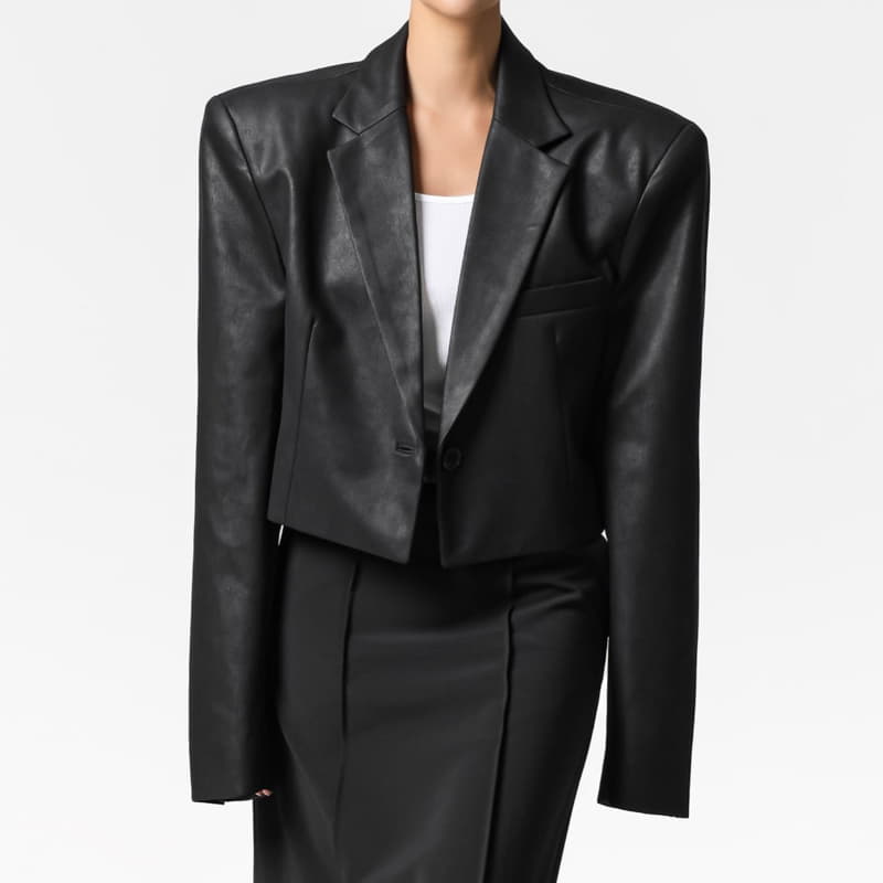 Paper Moon - Korean Women Fashion - #momslook - Cropped Vintage Leather Blazer Jacket - 12
