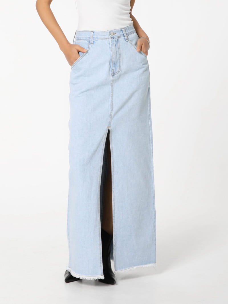 Paper Moon - Korean Women Fashion - #momslook - Iced Blue Maxi Front Slit Flared Denim Skirt - 12