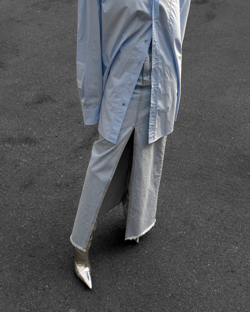 Paper Moon - Korean Women Fashion - #womensfashion - Iced Blue Maxi Front Slit Flared Denim Skirt - 4