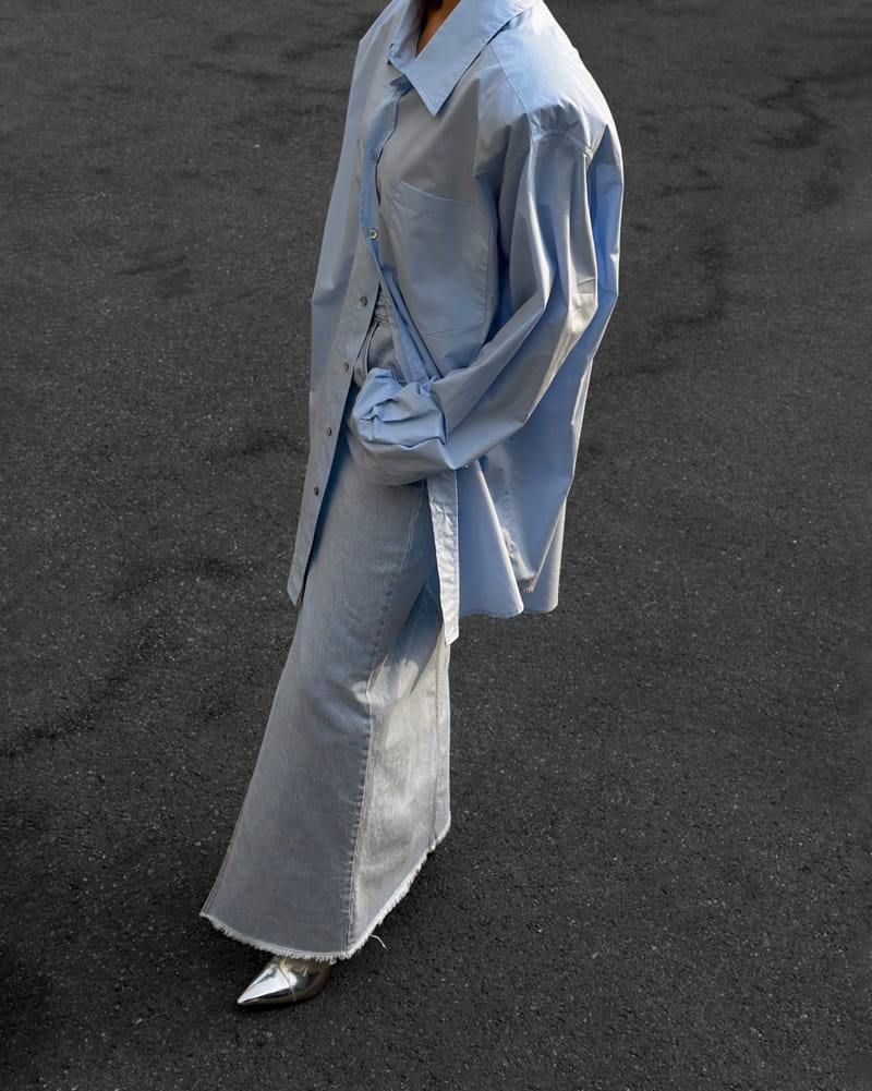Paper Moon - Korean Women Fashion - #momslook - Iced Blue Maxi Front Slit Flared Denim Skirt - 6