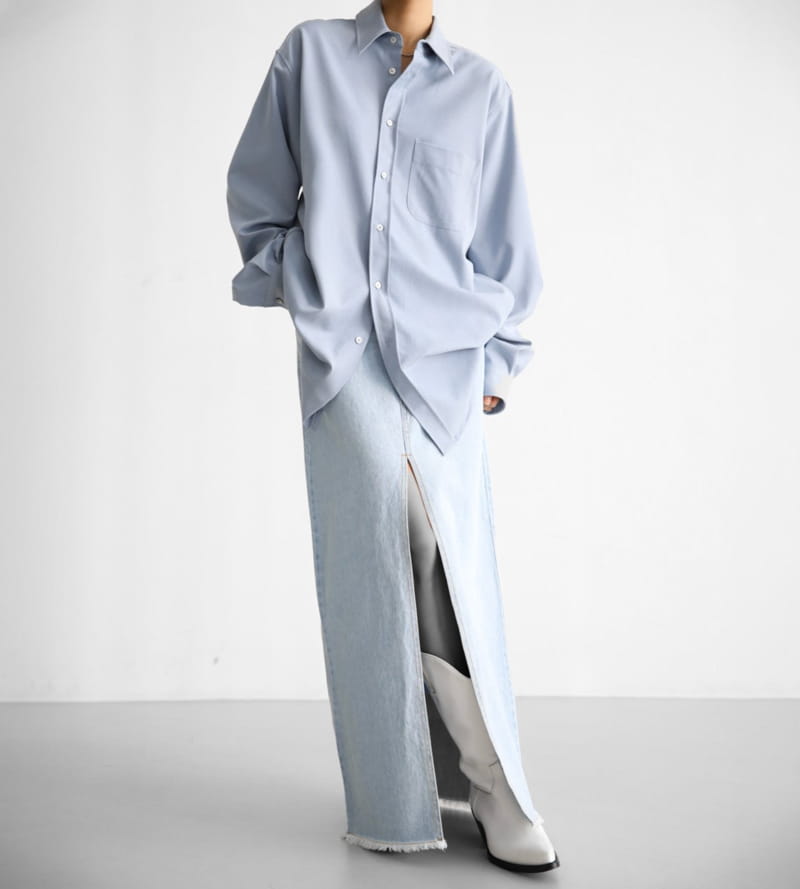 Paper Moon - Korean Women Fashion - #momslook - Iced Blue Maxi Front Slit Flared Denim Skirt - 8