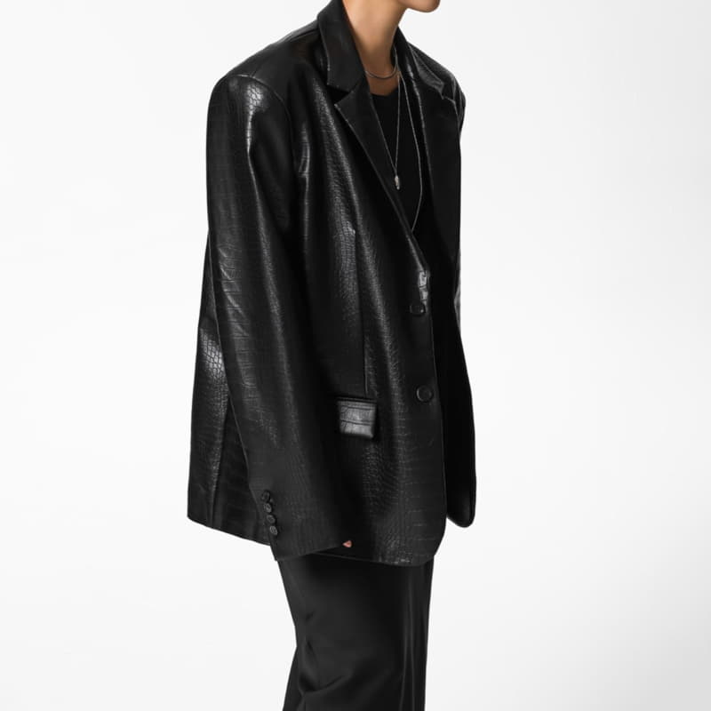 Paper Moon - Korean Women Fashion - #restrostyle - Vegan Crocodile Leather Single Breasted Blazer