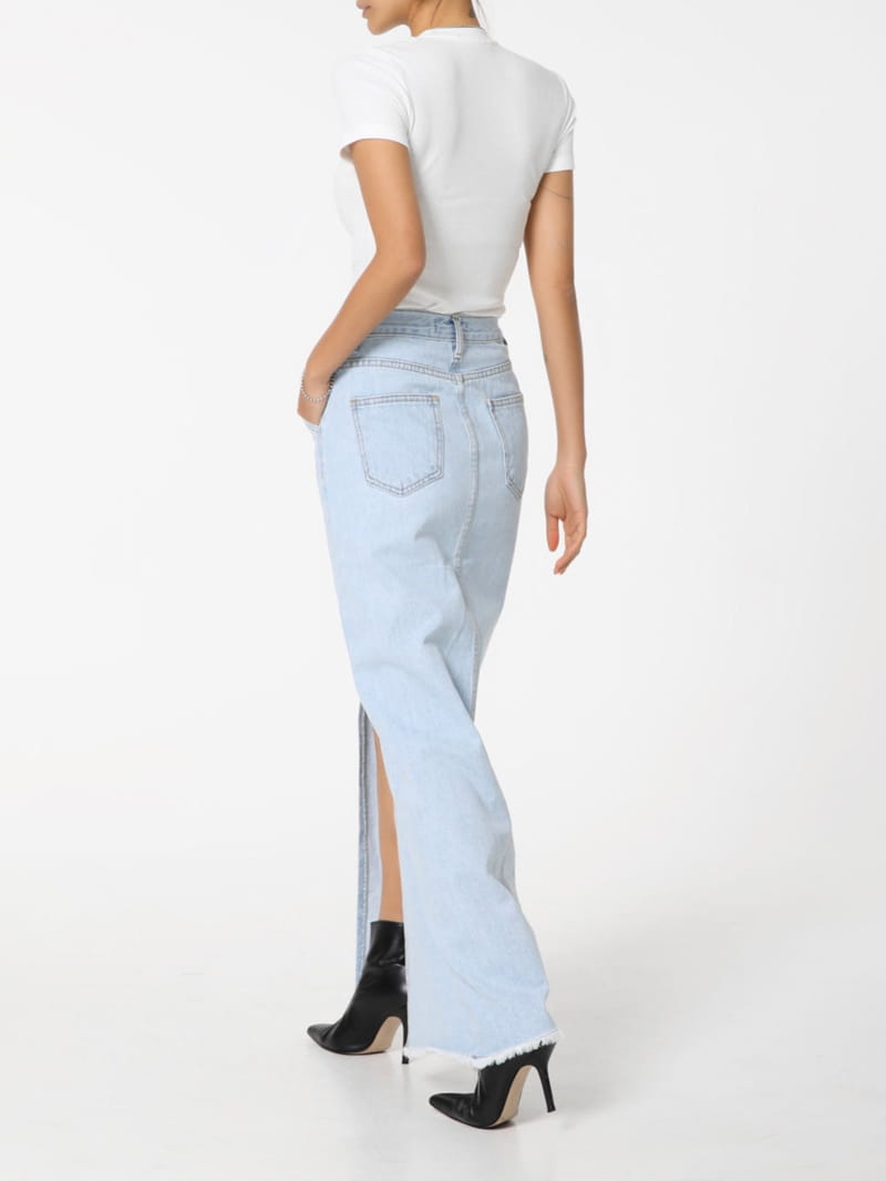 Paper Moon - Korean Women Fashion - #womensfashion - Iced Blue Maxi Front Slit Flared Denim Skirt - 11