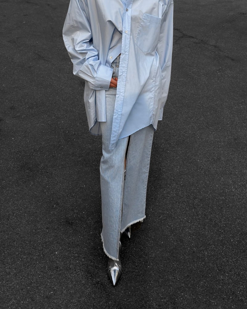 Paper Moon - Korean Women Fashion - #womensfashion - Iced Blue Maxi Front Slit Flared Denim Skirt - 5