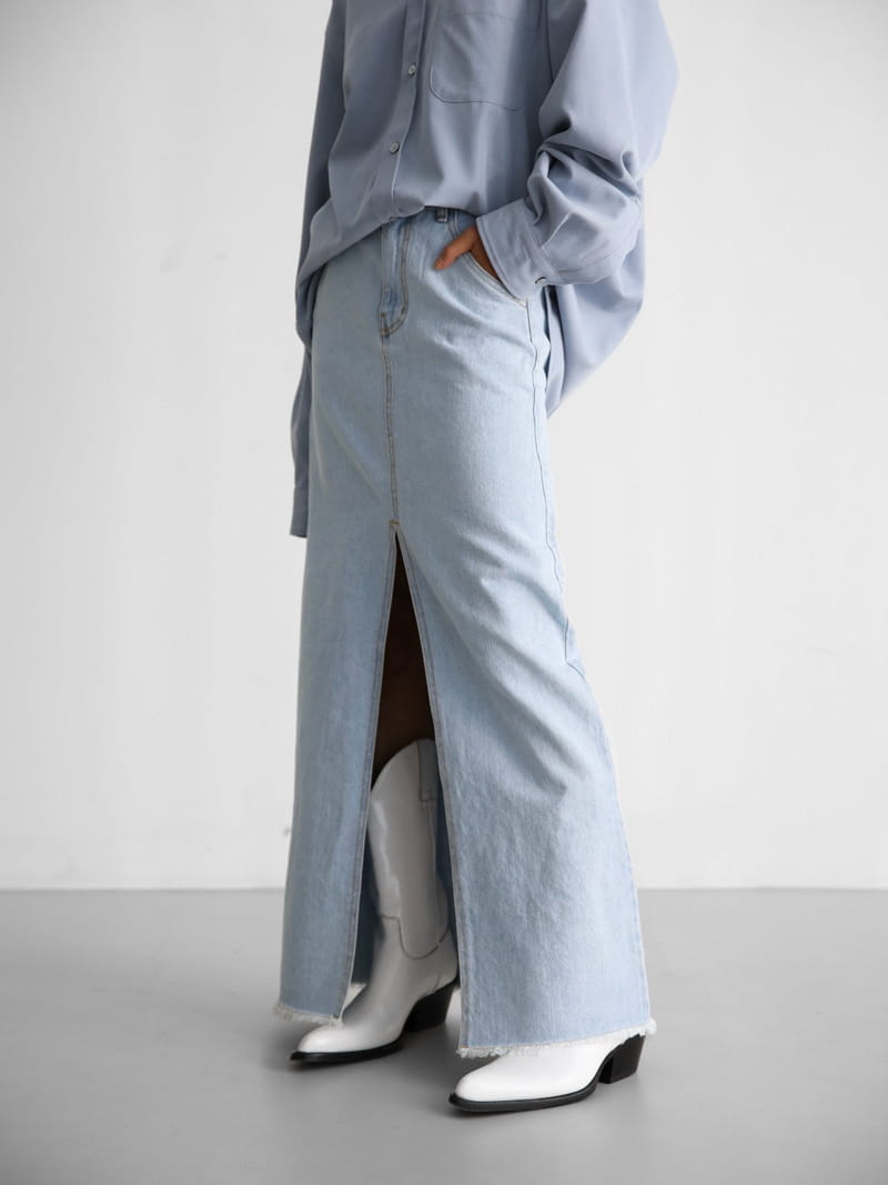 Paper Moon - Korean Women Fashion - #womensfashion - Iced Blue Maxi Front Slit Flared Denim Skirt - 9