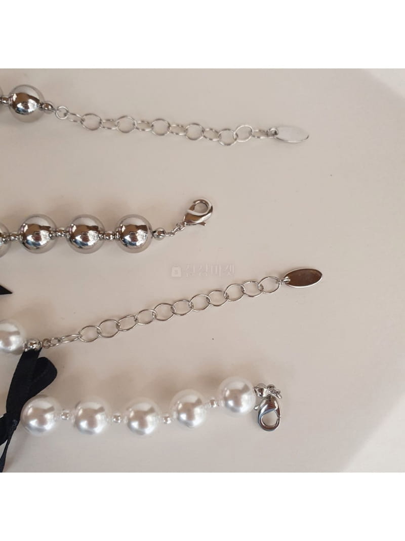 Cabinet - Korean Women Fashion - #momslook - Silver Black Ribbon Ball Necklace - 3