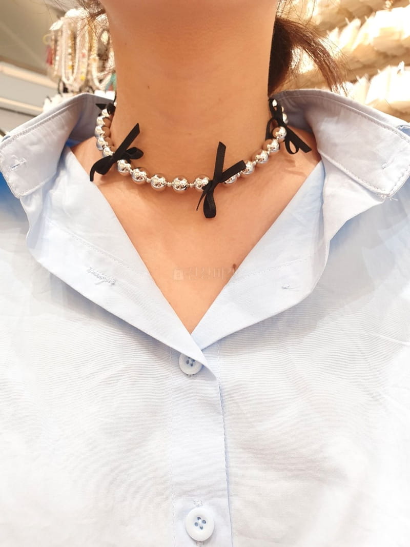 Cabinet - Korean Women Fashion - #momslook - Silver Black Ribbon Ball Necklace - 5