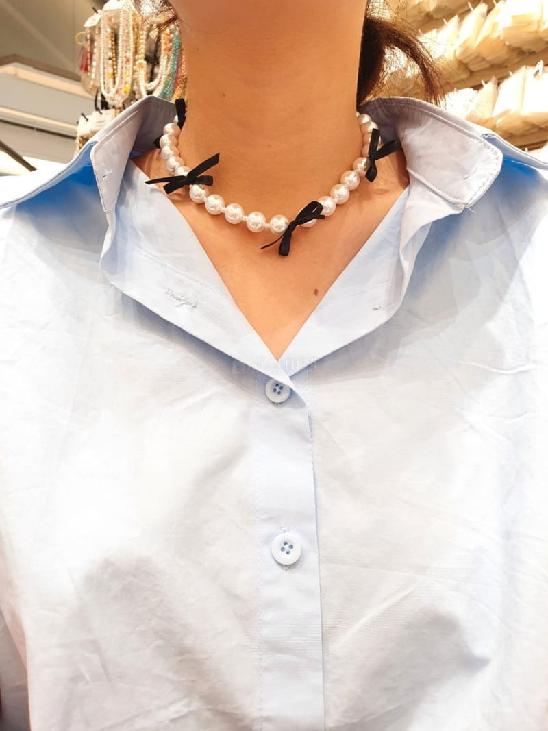 Cabinet - Korean Women Fashion - #momslook - Silver Black Ribbon Ball Necklace - 4