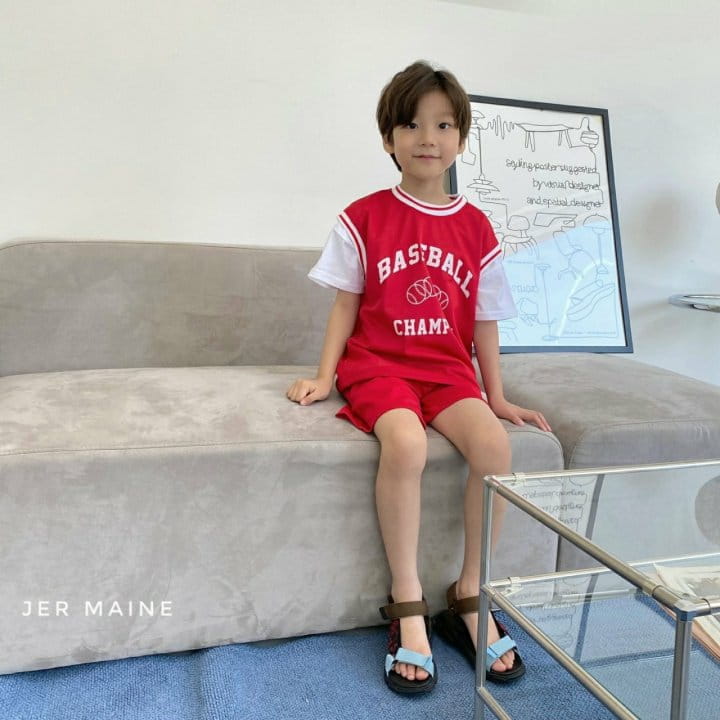 Jermaine - Korean Children Fashion - #toddlerclothing - Baseball Sleeveless Short Sleeves Pants Set - 2