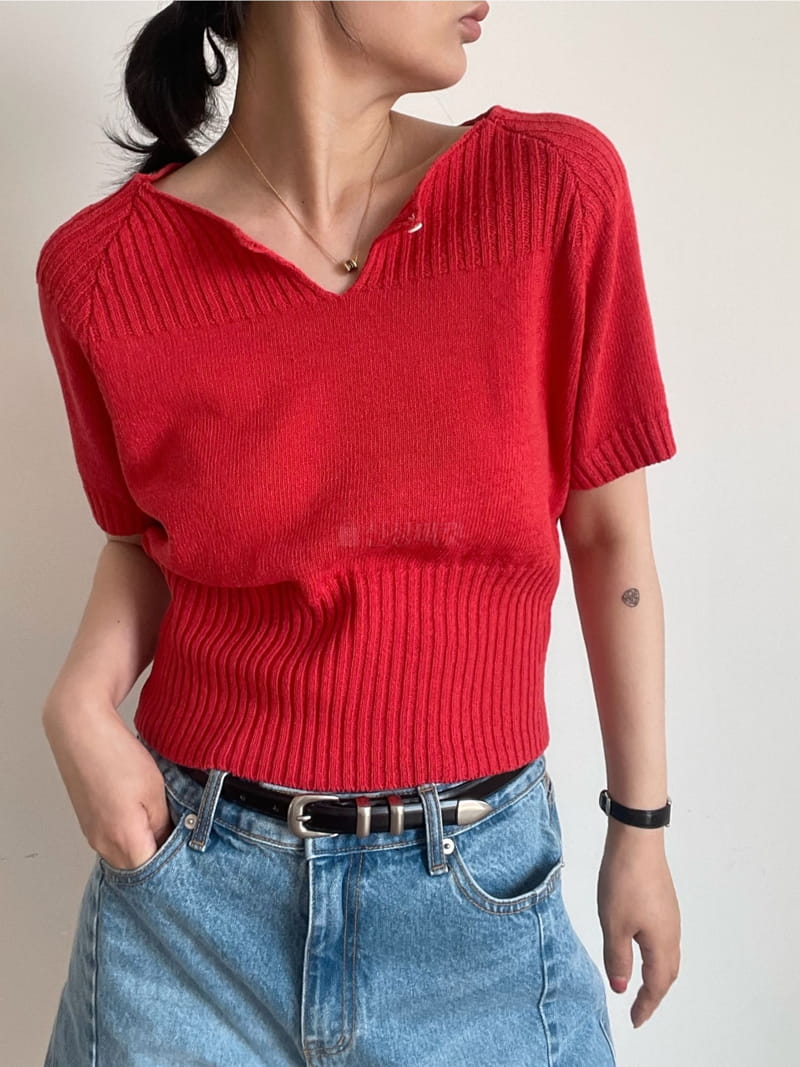 Oli Seoul - Korean Women Fashion - #momslook - Red Anna Slit Knit Tee - 7