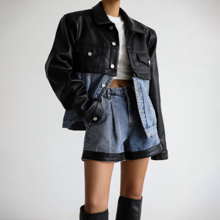 Paper Moon - Korean Women Fashion - #restrostyle - Leather Denim Shorts - 2