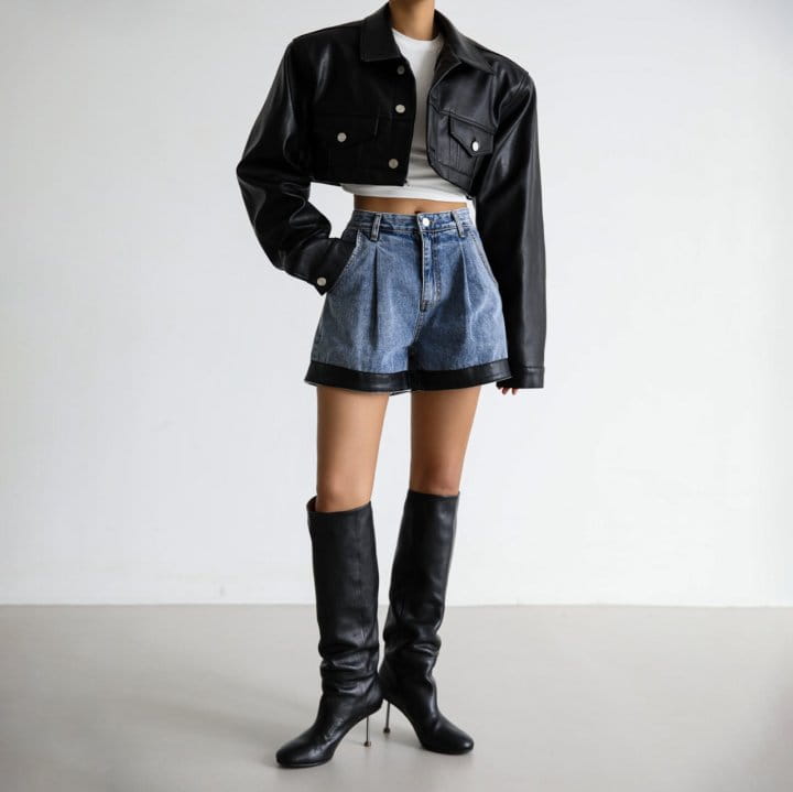 Paper Moon - Korean Women Fashion - #romanticstyle - Leather Denim Shorts - 4