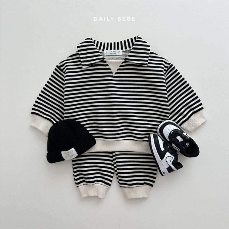 Daily Bebe - Korean Children Fashion - #Kfashion4kids - Stripes Collar Top Bottom Set - 4