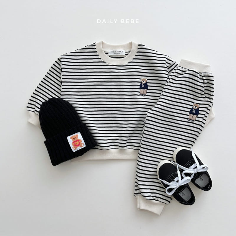 Daily Bebe - Korean Children Fashion - #littlefashionista - Bear Embrodiery Stripes Top Bottom Set - 2