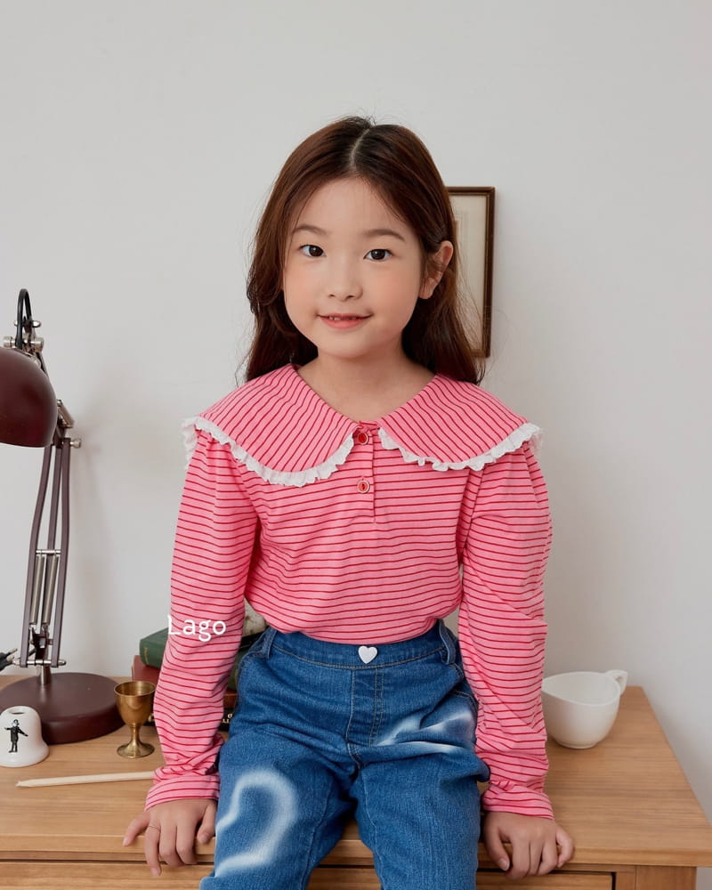 Lago - Korean Children Fashion - #kidzfashiontrend - Stripes Lace Collar Tee