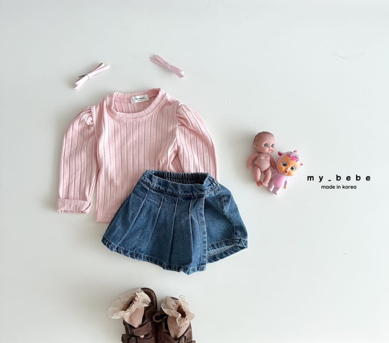 My Bebe - Korean Children Fashion - #fashionkids - Denim Wrinkle Skirt Pants - 8